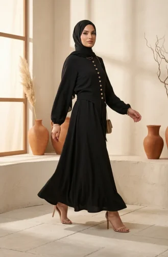 طقم حجاب من قطعتين، مزين بأزرار وأكمام مطاطية، رقم الموديل 2288-06، لون أسود 2288-06