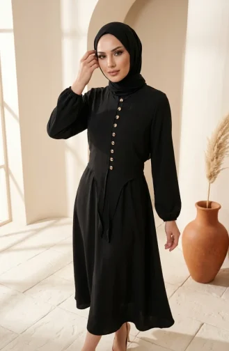 طقم حجاب من قطعتين، مزين بأزرار وأكمام مطاطية، رقم الموديل 2288-06، لون أسود 2288-06