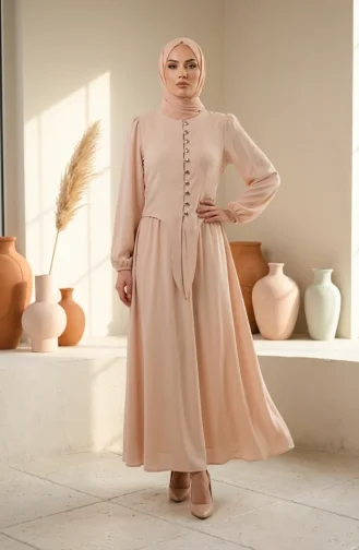 طقم حجاب من قطعتين، مزين بأزرار وأكمام مطاطية، لون بيج، رقم الموديل 2288-07 2288-07