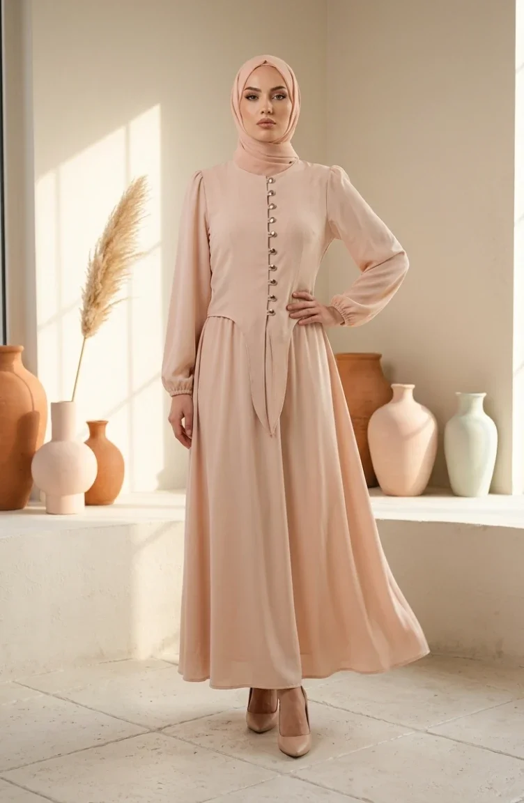 طقم حجاب من قطعتين، مزين بأزرار وأكمام مطاطية، لون بيج، رقم الموديل 2288-07 2288-07