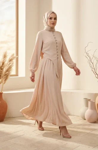 طقم حجاب من قطعتين، مزين بأزرار وأكمام مطاطية، لون بيج، رقم الموديل 2288-07 2288-07