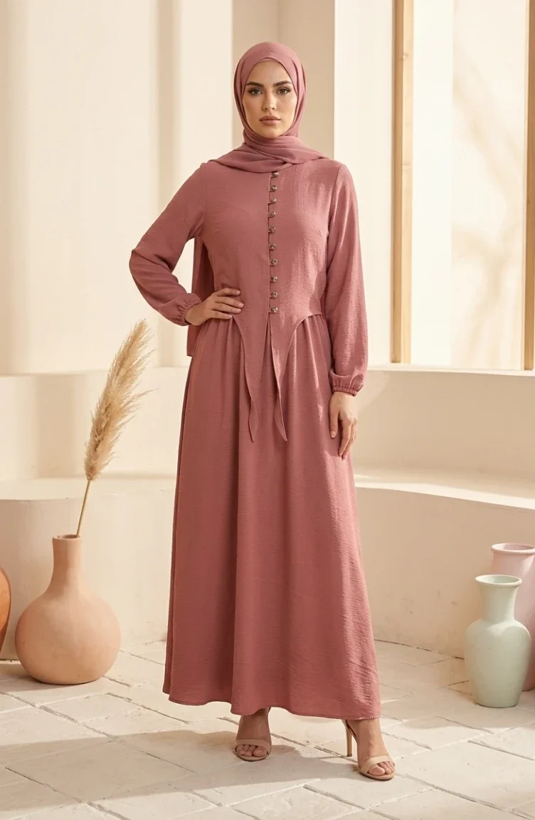 Ensemble Hijab Deux Pièces à Boutons Et Manches élastiquées Rose 2288-08 2288-08