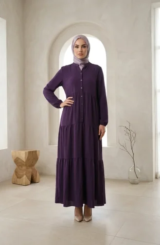 Robe Hijab à Boutons Et à Plusieurs épaisseurs En Tissu Aerobin 4124-01 Violet 4124-01