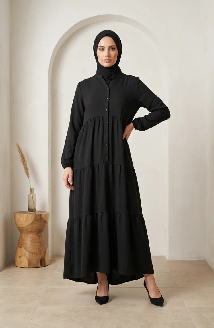 Robe Hijab à Boutons Et à Plusieurs épaisseurs Aerobin En Tissu Noir 4124-03 4124-03