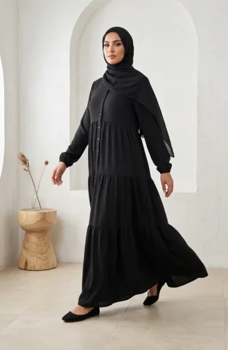 Robe Hijab à Boutons Et à Plusieurs épaisseurs Aerobin En Tissu Noir 4124-03 4124-03