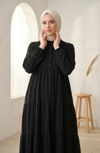 Robe Hijab à Boutons Et à Plusieurs épaisseurs Aerobin En Tissu Noir 4124-03 4124-03
