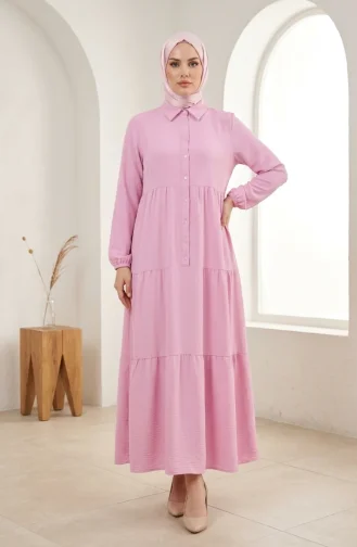 Robe Hijab à Boutons Et à Plusieurs épaisseurs En Tissu Aerobin 4124-04 Rose 4124-04