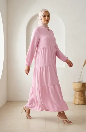Robe Hijab à Boutons Et à Plusieurs épaisseurs En Tissu Aerobin 4124-04 Rose 4124-04