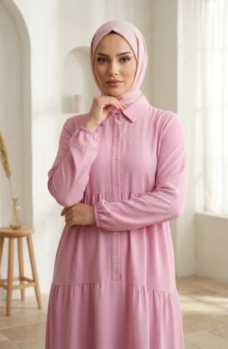 Robe Hijab à Boutons Et à Plusieurs épaisseurs En Tissu Aerobin 4124-04 Rose 4124-04