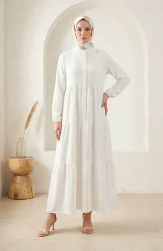 Robe Hijab à Boutons Et à Plusieurs épaisseurs En Tissu Aerobin 4124-05 Blanc 4124-05