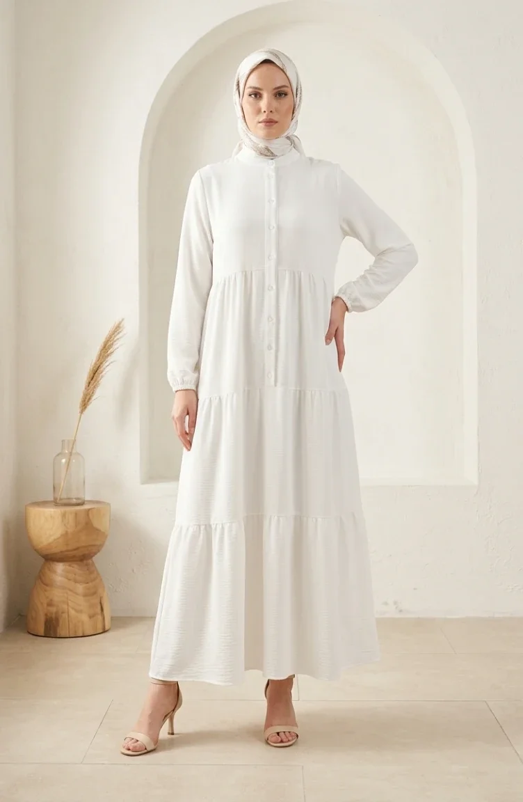 Robe Hijab à Boutons Et à Plusieurs épaisseurs En Tissu Aerobin 4124-05 Blanc 4124-05