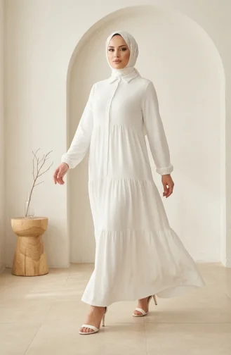 Robe Hijab à Boutons Et à Plusieurs épaisseurs En Tissu Aerobin 4124-05 Blanc 4124-05