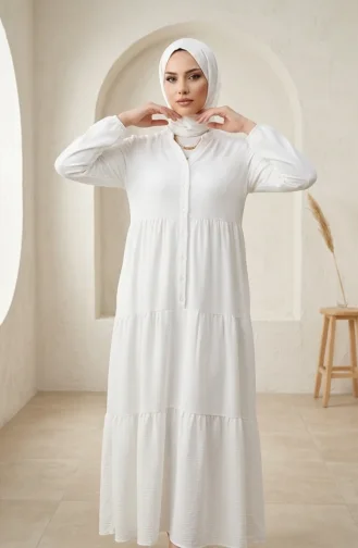 Robe Hijab à Boutons Et à Plusieurs épaisseurs En Tissu Aerobin 4124-05 Blanc 4124-05