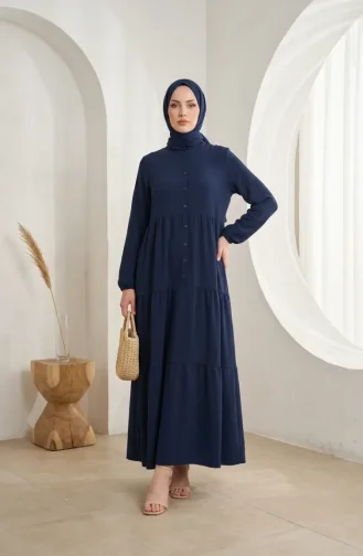 Robe Hijab à Boutons Et à Plusieurs épaisseurs En Tissu Aerobin 4124-07 Bleu Marine 4124-07