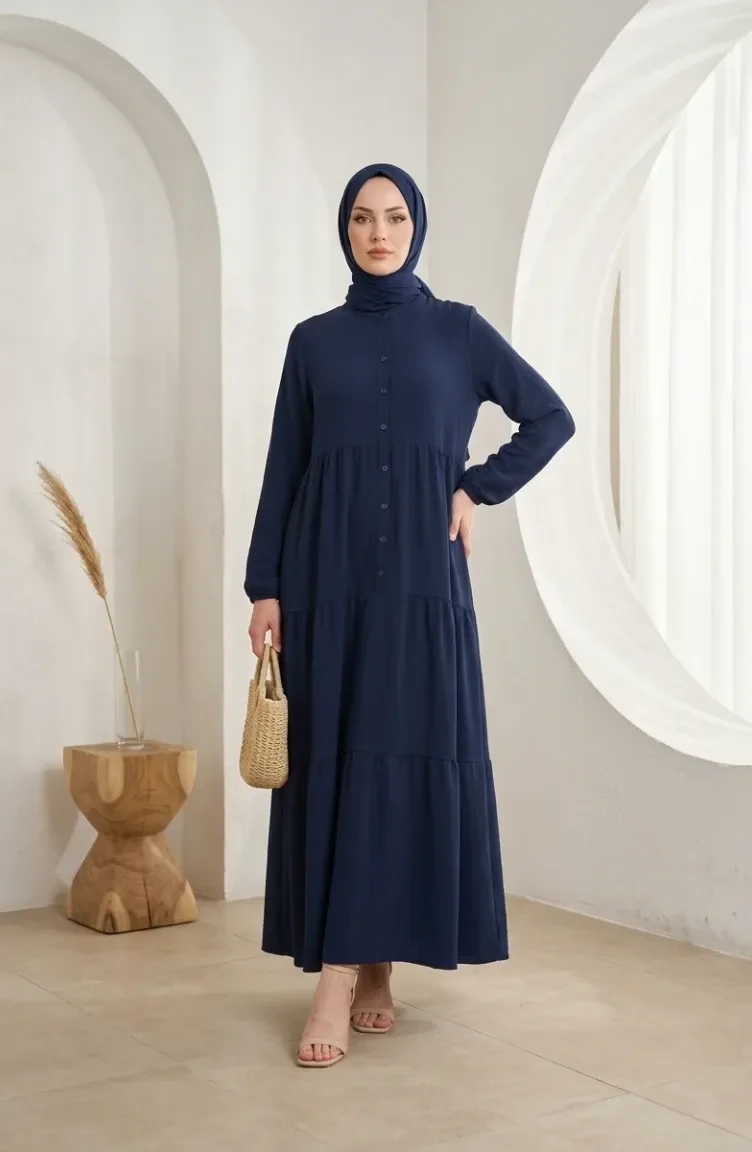 Robe Hijab à Boutons Et à Plusieurs épaisseurs En Tissu Aerobin 4124-07 Bleu Marine 4124-07