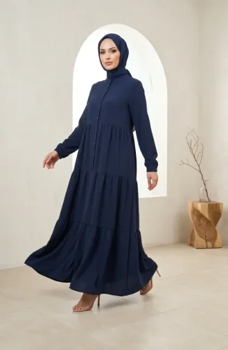 Robe Hijab à Boutons Et à Plusieurs épaisseurs En Tissu Aerobin 4124-07 Bleu Marine 4124-07