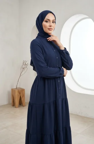 Robe Hijab à Boutons Et à Plusieurs épaisseurs En Tissu Aerobin 4124-07 Bleu Marine 4124-07