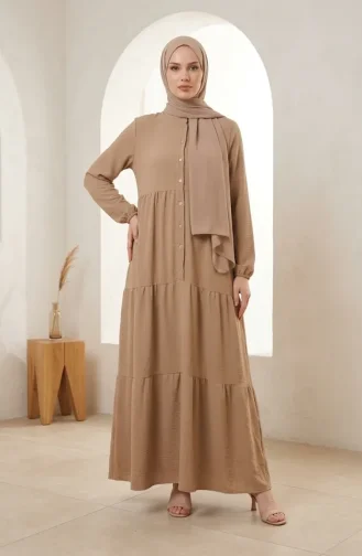 Robe Hijab à Boutons Et à Plusieurs épaisseurs En Tissu Aerobin 4124-08 Beige 4124-08