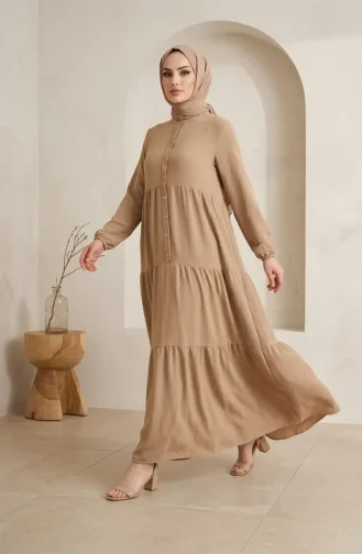 Robe Hijab à Boutons Et à Plusieurs épaisseurs En Tissu Aerobin 4124-08 Beige 4124-08