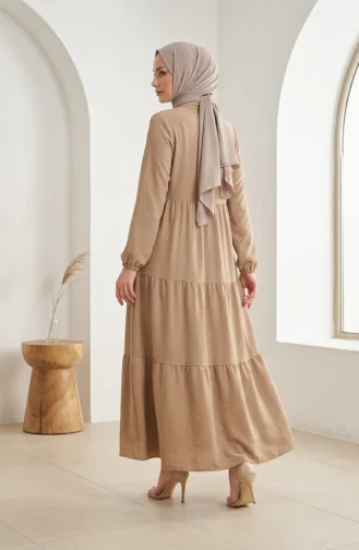 Robe Hijab à Boutons Et à Plusieurs épaisseurs En Tissu Aerobin 4124-08 Beige 4124-08
