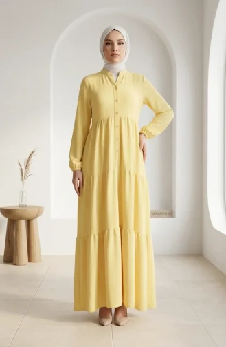 Robe Hijab à Boutons Et à Plusieurs épaisseurs En Tissu Aerobin 4124-09 Jaune 4124-09