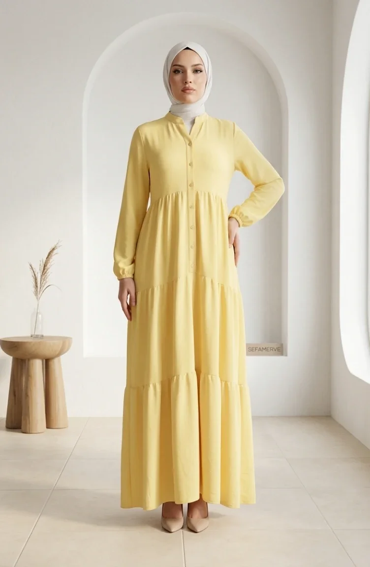 Robe Hijab à Boutons Et à Plusieurs épaisseurs En Tissu Aerobin 4124-09 Jaune 4124-09