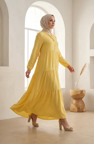 Robe Hijab à Boutons Et à Plusieurs épaisseurs En Tissu Aerobin 4124-09 Jaune 4124-09