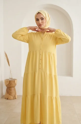 Robe Hijab à Boutons Et à Plusieurs épaisseurs En Tissu Aerobin 4124-09 Jaune 4124-09