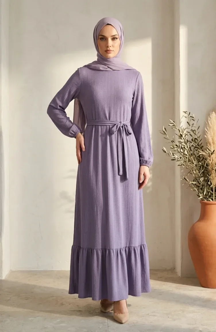 Robe Hijab Ceinturée à Détails Froncés 5589-01 Lilas 5589-01