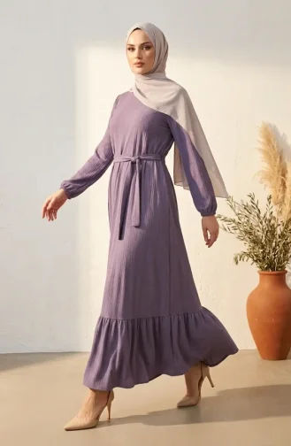 Robe Hijab Ceinturée à Détails Froncés 5589-01 Lilas 5589-01