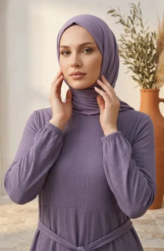 Robe Hijab Ceinturée à Détails Froncés 5589-01 Lilas 5589-01