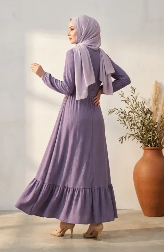 Robe Hijab Ceinturée à Détails Froncés 5589-01 Lilas 5589-01