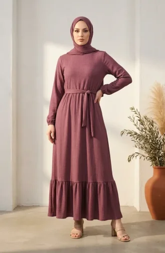 Robe Hijab Ceinturée à Détails Froncés 5589-03 Rose 5589-03