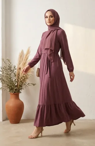Robe Hijab Ceinturée à Détails Froncés 5589-03 Rose 5589-03