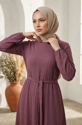 Robe Hijab Ceinturée à Détails Froncés 5589-03 Rose 5589-03