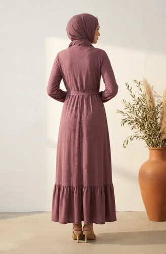 Robe Hijab Ceinturée à Détails Froncés 5589-03 Rose 5589-03
