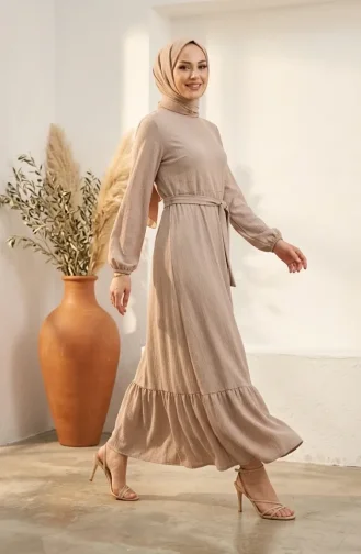 Robe Hijab Ceinturée à Détails Froncés 5589-04 Beige 5589-04