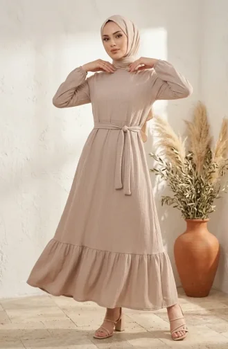 Robe Hijab Ceinturée à Détails Froncés 5589-04 Beige 5589-04