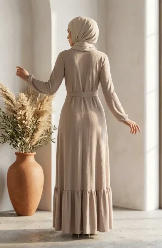Robe Hijab Ceinturée à Détails Froncés 5589-04 Beige 5589-04