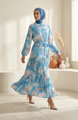 فستان حجاب بنصف أزرار بنقوش وحزام، رقم الموديل 2286-02، لون فيروزي 2286-02