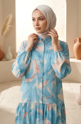 فستان حجاب بنصف أزرار بنقوش وحزام، رقم الموديل 2286-02، لون فيروزي 2286-02