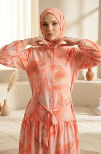 فستان حجاب بنصف أزرار بنقوش وحزام، رقم الموديل 2286-03، لون سلموني 2286-03