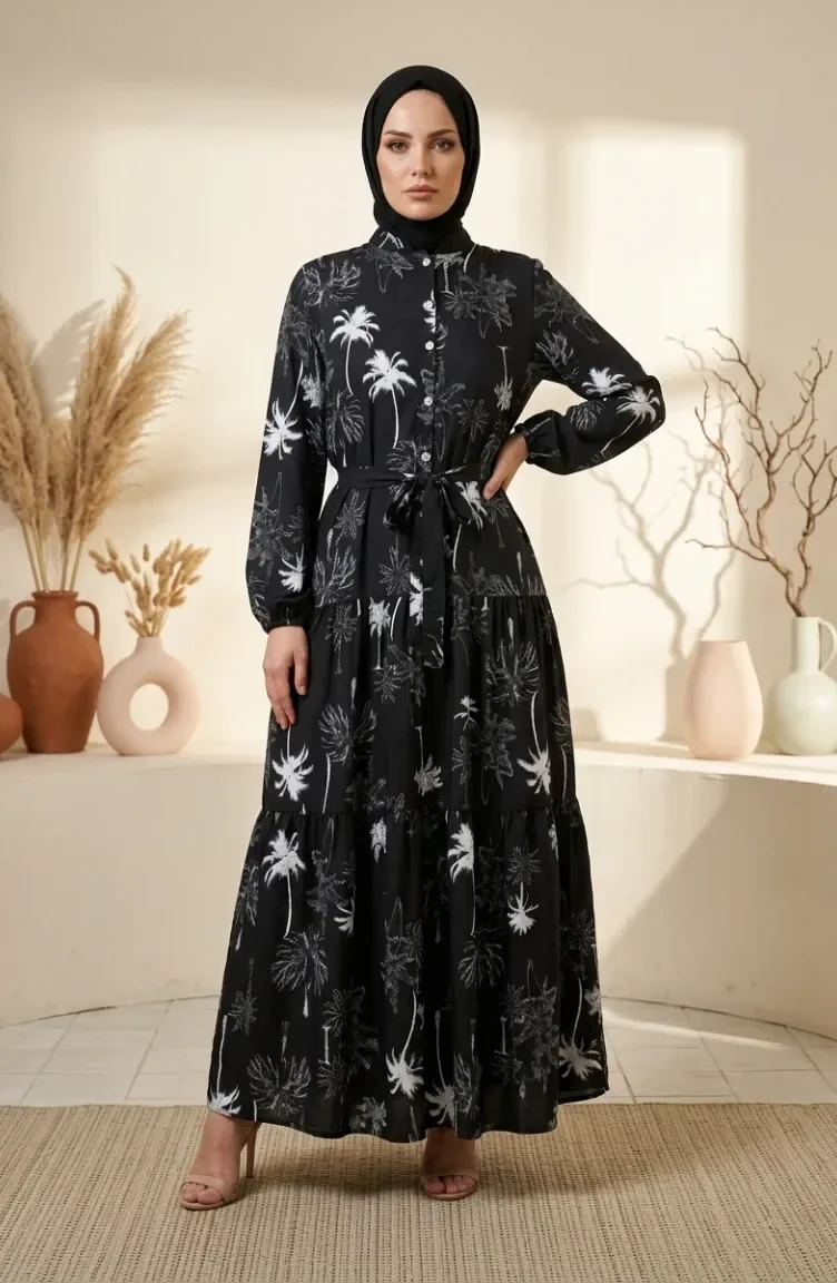 فستان حجاب بنصف أزرار بنقشة أشجار النخيل مع حزام، رقم الموديل 2287-02، أسود 2287-02