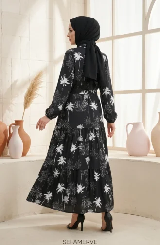 فستان حجاب بنصف أزرار بنقشة أشجار النخيل مع حزام، رقم الموديل 2287-02، أسود 2287-02