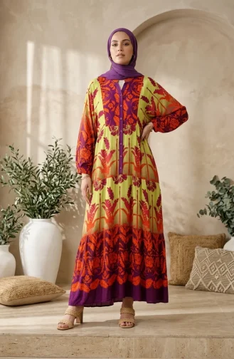 فستان حجاب مزخرف بأزرار من قماش الفسكوز 5590-01 أخضر فستقي 5590-01