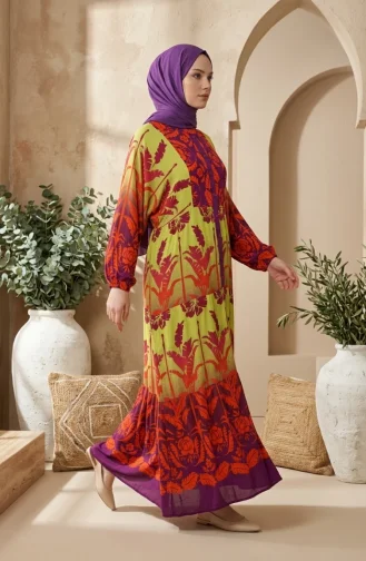 فستان حجاب مزخرف بأزرار من قماش الفسكوز 5590-01 أخضر فستقي 5590-01