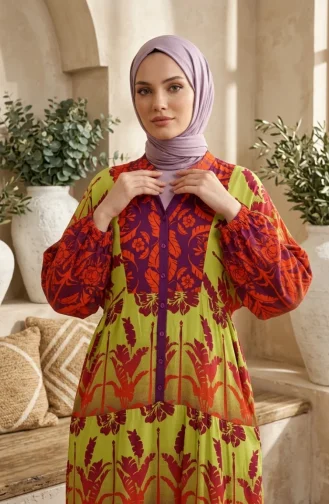 فستان حجاب مزخرف بأزرار من قماش الفسكوز 5590-01 أخضر فستقي 5590-01