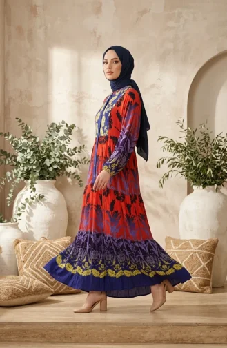 فستان حجاب بأزرار ونقوش من قماش الفسكوز، رقم الموديل 5590-03، لون عنابي 5590-03