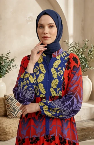 فستان حجاب بأزرار ونقوش من قماش الفسكوز، رقم الموديل 5590-03، لون عنابي 5590-03