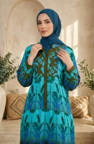 فستان حجاب بأزرار ونقوش من قماش الفسكوز، رقم الموديل 5590-04، لون فيروزي 5590-04
